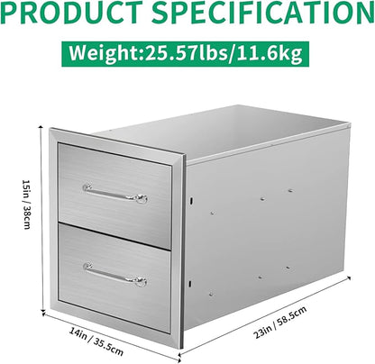 Outdoor Kitchen Drawers 14" W x 15" H x 23" D Stainless Steel Double Drawers with Ergonomic Handle for BBQ Island, Patio Grill Station & Outdoor Kitchen Cabinets