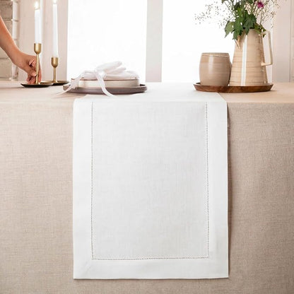 D'Moksha Homes Linen White Table Runner 72 Inches Long - 100% Pure Linen Hemstitch Table Runner 14 x 72 Inch for Dresser, Dining, Valentines, Spring, Easter - Classic Hemstitch