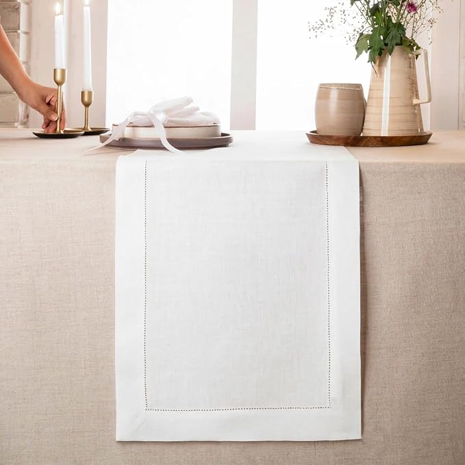 D'Moksha Homes Linen White Table Runner 132 Inches Long - 100% Pure Linen Extra Long Table Runner 14 x 132 Inch for Valentines, Spring, Easter - Classic Hemstitch