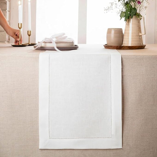 D'Moksha Homes Linen White Table Runner 132 Inches Long - 100% Pure Linen Extra Long Table Runner 14 x 132 Inch for Valentines, Spring, Easter - Classic Hemstitch