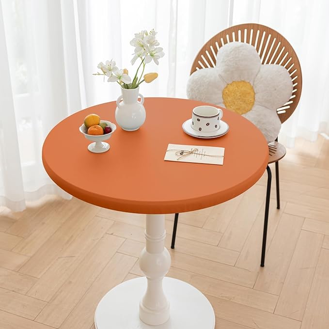 Fall Round Fitted PU Tablecloth with High Elastic Edge 39 Inch Dia Waterproof Oil Proof Table Cloth Anti-Scald Stain-Resistant Wipeable Table Cover for Indoor Outdoor Picnic (Orange,39" Dia)