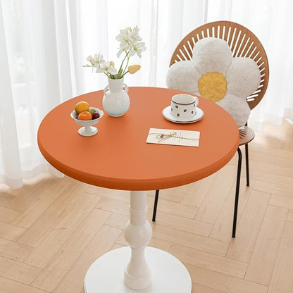 Fall Round Fitted PU Tablecloth with High Elastic Edge 55 Inch Dia Waterproof Oil Proof Table Cloth Anti-Scald Stain-Resistant Wipeable Table Cover for Indoor Outdoor Picnic (Orange,55" Dia)