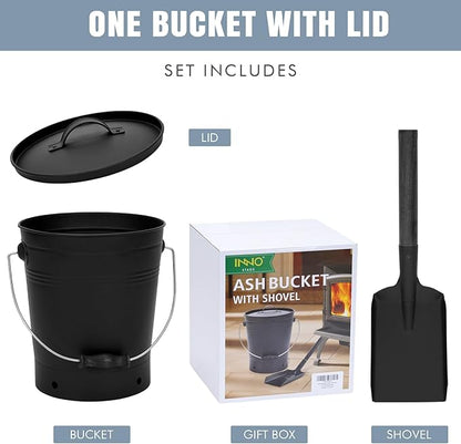 INNO STAGE Ash Bucket with Lid and Wood Handle Coal Shovel, Ash Carrier Pail Fireplace Tools,Fire Pit,Wood Burning Stove Black