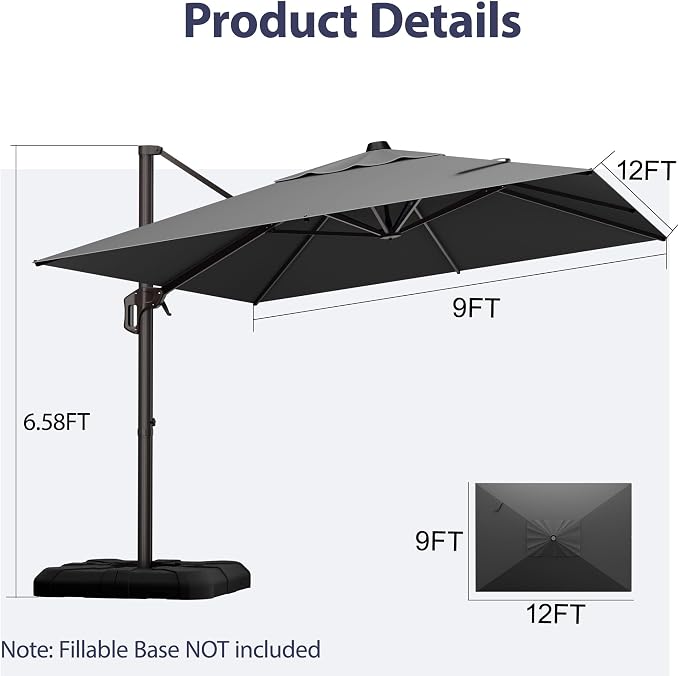 9' X 12' Cantilever Patio Umbrella Rectangle Outdoor Umbrella, 6-Level Tilt & - Image 6