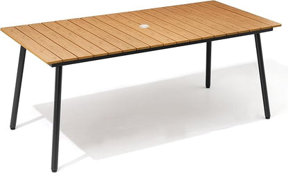 70" Patio Outdoor Dining Table for 4-6, Weather-Resistant Wood-Grain Top with Aluminum Frame & Umbrella Hole for Deck Gatherings, Brown