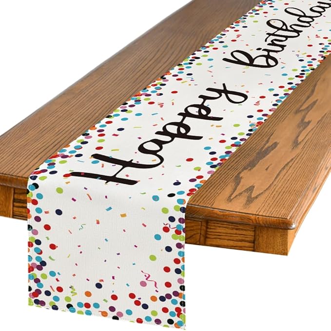 Artoid Mode Polka Dot Beige Happy Birthday Table Runner, Seasonal Kitchen Dining Table Decoration for Home Party Decor 13x108 Inch