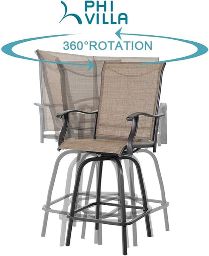 PHI VILLA 3 PCS Patio Swivel Bar Set Outdoor Furniture Bar Height Bistro Set, 2 Bar Stools and 1 Table, High Top Table and Chairs Set of 2 for Garden Porch Backyard