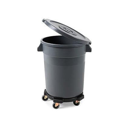 PRO&Family Commercial Round Trash Can with Lid and Dolly Rolling Waste Container, Ingredient Bin, Heavy-Duty Plastic, Anti-Static, Kitchen, Office, Outdoor Use (Gray, 20 Gallon)