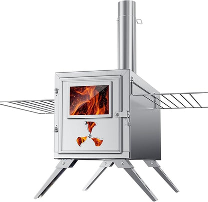 Hot Tent Stove, Camping Wood Burning Stove with 7 Stainless Chimney Pipes and Anti-Spark, Small Camping Wood Stove for Outdoor Heating, Cooking, Ice Fishing, Hunting
