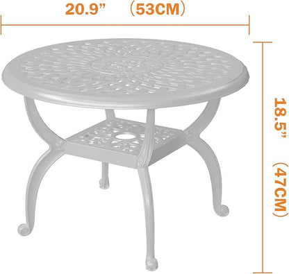 Cast Aluminum Outdoor Side Table, All Weather Round Bistro Table, Outdoor Coffee Table, Small End Table for Patio, Indoor, Lawn, Garden, White