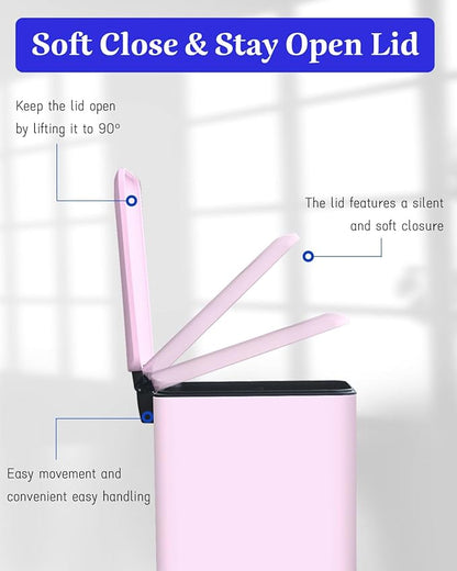 Bathroom Trash Can with Lid, 2.6 Gallon Stainless Steel Slim Garbage Can, Pedal Trash Bin with Removable Liner Bucket, 10L Rectangle Trash Bin for Bedroom, Kitchen, Office (Pink)