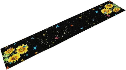 Farmhouse Sunflower Table Runner, Black Starry Spring Yellow Flowers Botanical Butterfly Table Runners for Dining Kitchen Holiday Party Table Decor, 13x60inch