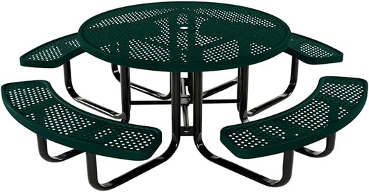 COATEDOUTDOORFURNITURE Heavy-Duty Portable Outdoor Kids Table with Umbrella Hole, Punched Steel Kids Picnic Table, Commercial-Grade, Made in America (46 in, Round, Childrens, Textured Dark Green)