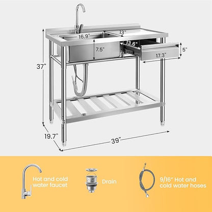 Stainless Steel Utility Sink, 39'' Free Standing Single Bowl Kitchen Sink with Cold and Hot Water Pipe, Right Drawer, Indoor and Outdoor for Laundry Room Farmhouse Kitchen(39 inch)
