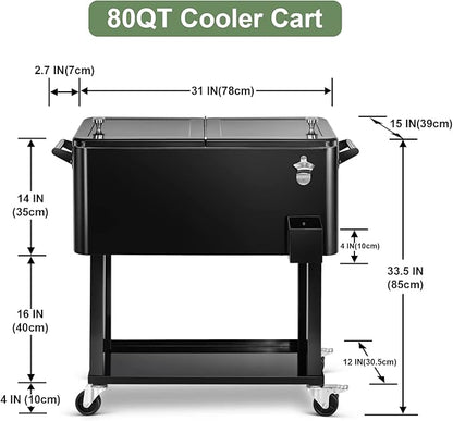 EDOSTORY 80 Quart Rolling Ice Chest Cooler Cart,Patio Backyard Party Drink Beverage Bar Stand Up Cooler Trolley with Ice Scoop