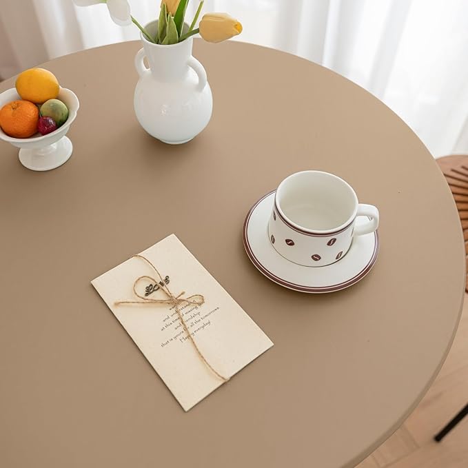 Round Fitted PU Tablecloth with High Elastic Edge 24 Inch Dia Waterproof Oil Proof Table Cloth Anti-scald Stain-Resistant Wipeable Table Cover for Indoor Outdoor Picnic (Cream Coffee,24"Dia)