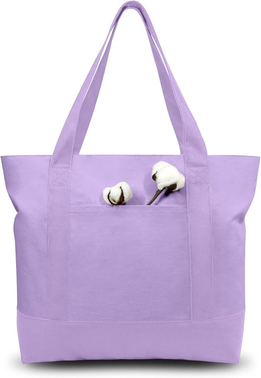 TOPDesign 3-Pack Canvas Tote Bags with an External Pocket, Reusable Grocery Shopping Bags, Top Zipper Closure, Daily Essentials (Lavender)
