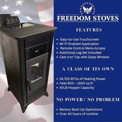 Freedom Stoves Freestanding Independence PS21 Pellet Stove: 34,700 BTUs, Battery Backup, Wi-Fi Control, Heats up to 1800 sq ft, Black Vintage Edition