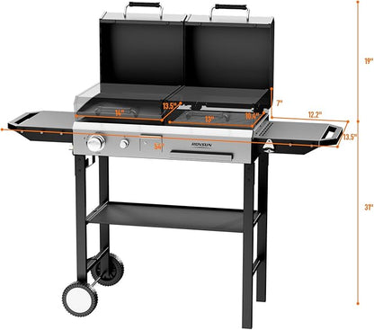 ROVSUN 2-in-1 Propane Gas Grill and Charcoal Grill Combo with Lid, 12000BTU Flat Top Griddle & Charcoal BBQ Grill with Electronic Ignition, Enamel Griddle & Grate for Outdoor Backyard Cooking Barbecue