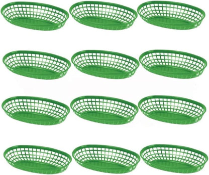 TrueCraftware- 9-3/8" Oval Fast Food Basket Green Plastic Set of 12- Fry Fast Food Reusable Foodservice Restaurant Diner Tray Plates Restaurant Deli Serving Chicken Burgers Sandwiches & Fries
