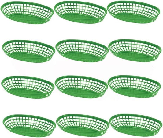 TrueCraftware- 9-3/8" Oval Fast Food Basket Green Plastic Set of 12- Fry Fast Food Reusable Foodservice Restaurant Diner Tray Plates Restaurant Deli Serving Chicken Burgers Sandwiches & Fries