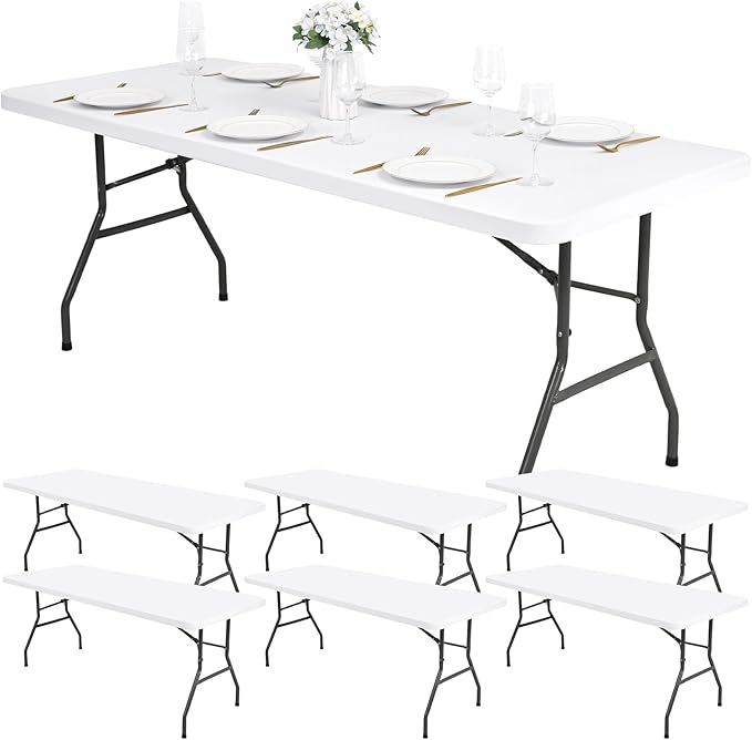 6 Pack Stretch Fabric Table Top Cap Cover, fits 8Ft Tables, Spandex Table Covers Washable Elastic Universal Rectangle Tablecloth Protector for Indoor Outdoor Party Picnic Wedding, White, 30" W x 96" L