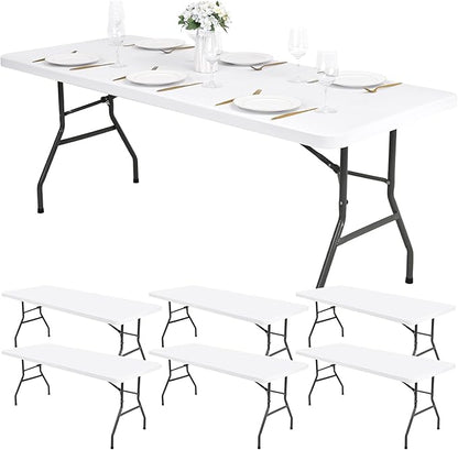 6 Pack Stretch Fabric Table Top Cap Cover, fits 8Ft Tables, Spandex Table Covers Washable Elastic Universal Rectangle Tablecloth Protector for Indoor Outdoor Party Picnic Wedding, White, 30" W x 96" L