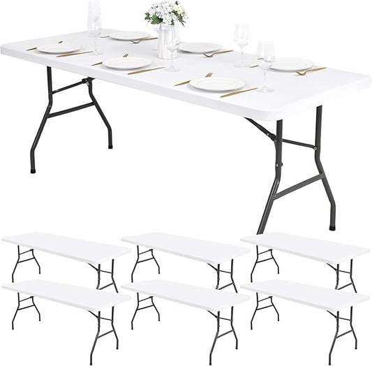 6 Pack Stretch Fabric Table Top Cap Cover, fits 6Ft Tables, Spandex Table Covers Washable Elastic Universal Rectangle Tablecloth Protector for Indoor Outdoor Party Picnic Wedding, White, 30" W x 72" L