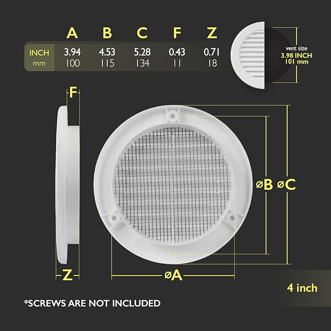 4 Inch [Opening] White Air Vent Cover – Pack of 5 – Plastic Round Air Vent Grill Cover for Wall or Ceiling, Built-in Mesh Screen/HVAC Return Air Register – Modern Louvered Design