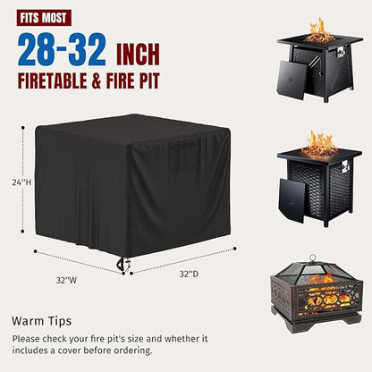 SHINESTAR 32 Inch Fire Pit Cover Square, Fits for 28-32 Inch Outdoor Fire Pit Table, Waterproof Layer & Double Stitching with Windproof Drawstring and Buckle Straps, 32 x 32 x 24 Inches, Black