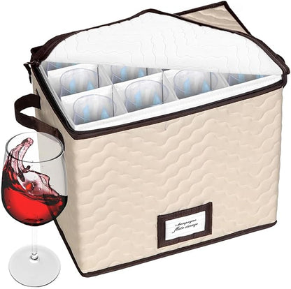 Champagne Flute Storage Boxes with Dividers - Set of 2 - Each Holds 12 Glasses up to 3.75" Wide - Quilted Microfiber Case with Handles - Protects Stemware - Ideal for Champagne & White Wine Glasses
