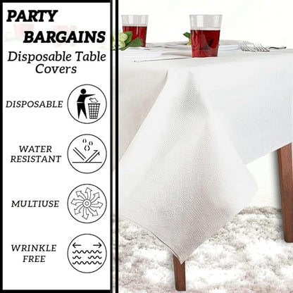 PARTY BARGAINS 10 Disposable Table Covers - 54" X 108", 3 Ply Paper & Plastic White Table Cover
