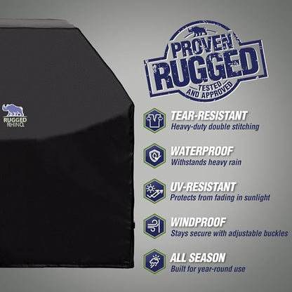RUGGED RHINO 60 Inch Heavy Duty Grill Cover for Outdoor Grills, All Season Three Layer Waterproof UV Resistant Windproof Gas BBQ Covers, Compatible for Weber Char-Broil Pit Boss Traeger and More Black