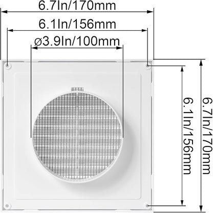 White 4" Inch Ventilation Grille - Inside/Outside use - (Flange 3.9"Ø/Cover 6.7"x6.7") - Air Vent Louver - Exhaust Hood - Available 3 Sizes / 4 Colors, White