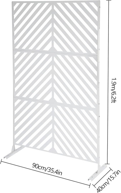 75" H×35" W Decorative Outdoor Privacy Screen with Stand, Outdoor Decor Privacy Fence Screen Metal Fence Panels, Free Standing Metal Divider for Patio Lawn Deck (White-Twill)