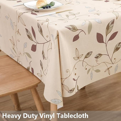 TruDelve Heavy Duty Vinyl Tablecloth Beige Plastic Table Cloth Waterproof Wipeable Oilcloth Plastic Tablecloths for Rectangle Tables (54'' x 108'', Leaves)