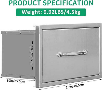 Outdoor Kitchen Drawers 16" W x 10" H x 10" D Stainless Steel Paper Towel Drawers with Ergonomic Handle for BBQ Island, Patio Grill Station & Outdoor Kitchen Cabinets