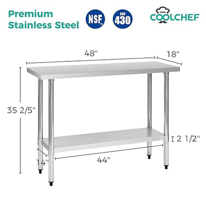 Stainless Steel Work Table 18 x 48 Inch, NSF Commercial Prep Table with Undershelf, Heavy Duty Food Prep Workstation