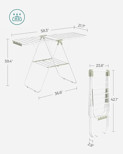 SONGMICS Clothes Drying Rack, with Sock Clips, Metal Laundry Rack, Foldable, Space-Saving, Free-Standing Airer, with 2 Height-Adjustable Gullwings, Indoor Outdoor Use, White and Green ULLR052C01