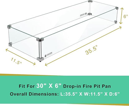 Holy Fire 35.5" L x 11.5" x 6" Rectangle Fire Pit Glass Wind Guard Clear Tempered Glass Flame Protective Pane Wind Resistant - Fits 30”x6 Fire Pit Burner Pan