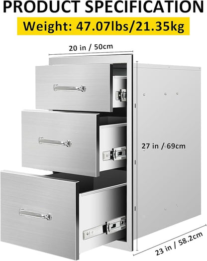Outdoor Kitchen Drawers 20" W x 27" H x 23" D Flush Mount Triple BBQ Drawers with Chrome Handle Stainless Steel Drawer for Outdoor Kitchen Island, Patio Grill Station