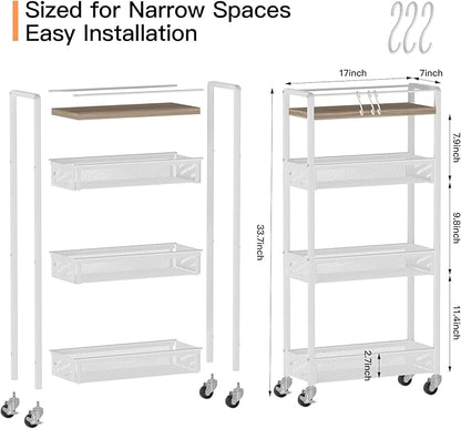 DGSNADGO Slim Rolling Storage Cart, 4-Tier Kitchen Cart on Wheels, Narrow Utility Cart with Handle and Wooden Tabletop for Small Space in Kitchen, Living Room, Bathroom, Laundry Room, Beige and White