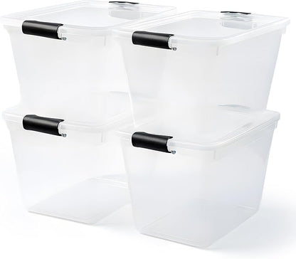 HOMZ 4-Pack Latching Lid, Large Clear Plastic Storage Bins with Lids, 31 Quart, Gray Latch - Stackable Container Boxes for Home, Bathroom, and Office Organization