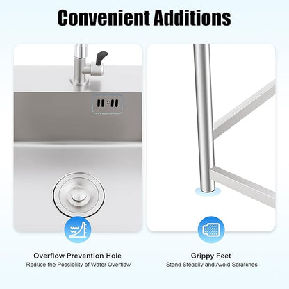 Free Standing Single Bowl Kitchen Sink Commercial, Outdoor Utility Sink Stainless Steel with Water Pipe Faucet Small Portable Sink Hand Wash Station for Garage Garden Backyard (18X16X30in)