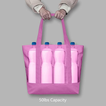 TOPDesign 1-Pack Canvas Tote Bag with an External Pocket, Reusable Grocery Shopping Bag, Top Zipper Closure, Daily Essentials (Light Purple)