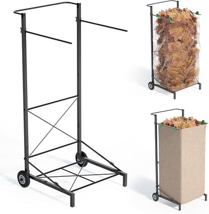 Natheeph Trash Bag Holder - Heavy Duty Metal Outdoor Leaf Bag Holder with Wheel, Adjustable Yard Waste Bag Cart Fits 30-55 Gallon Garbage Bags, Foldable Garden Leaf Bags Stand for Yard Work