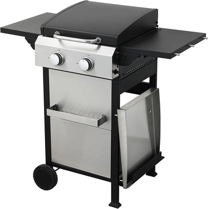 2-Burner Gas Grill, 24600 BTU Portable BBQ with Foldable Side Table & 6" Wheels, Dual-Function Cooking with Baking Rack & Flat Griddle for Outdoor, Patio, Camping & Tailgating