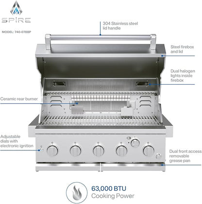 Spire Premium 5 Burner Built In Gas Grill Island Head, Stainless Steel 30 Inch Propane Grill with Rear Burner, 63,000 BTUs, 750 SQ In Racks, Dual Fuel Compatibility - 740-0788P