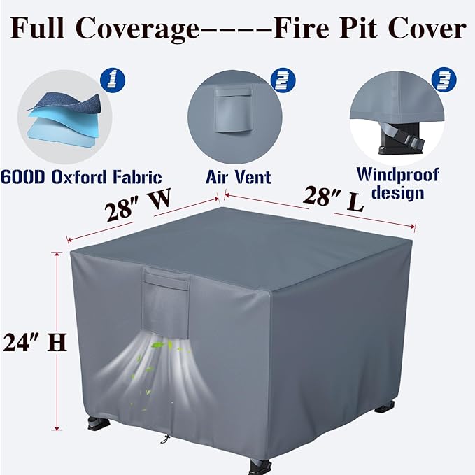 Chinchilla Heavy Duty 28 Inch Square Fire Pit Cover - 100% Waterproof & Weatherproof, Durable All-Season Protection for 26/27/28 Inch Propane Fire Pits and Tables