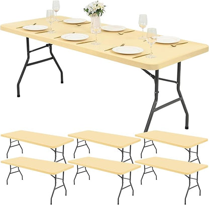 6 Pack Stretch Fabric Table Top Cap Cover, Beige Table Covers fits 8Ft Tables, Washable Elastic Universal Rectangle Tablecloth Protector for Indoor Outdoor Party Picnic Wedding (30" W x 96" L)